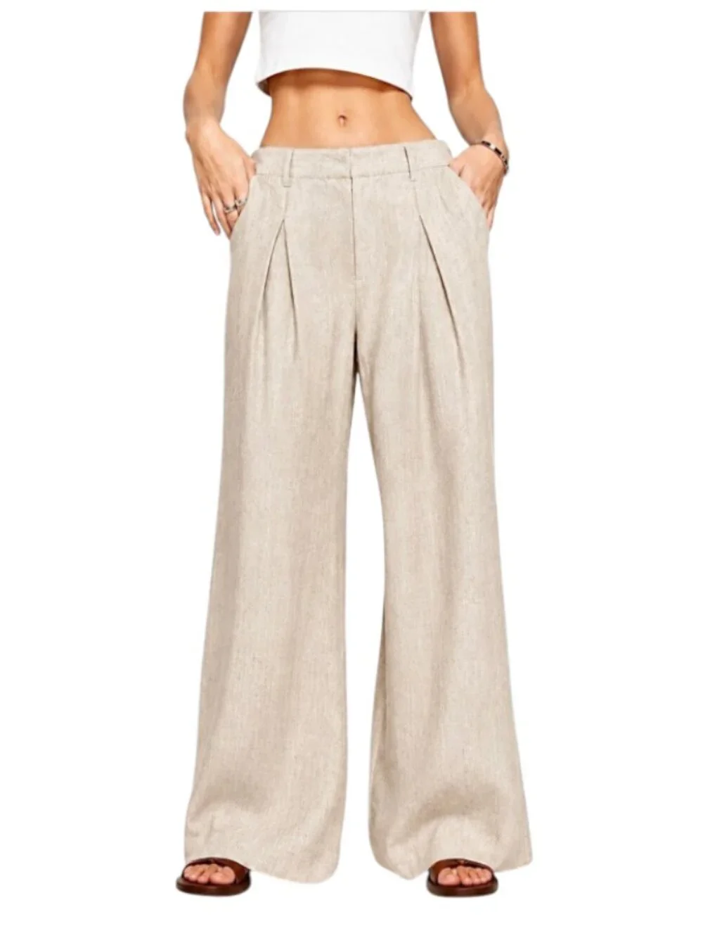 Reformation Asher Linen Wide Leg Pants Womens 6 Beige Khaki Pleated High Rise